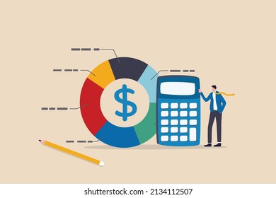 Cost structure, expense and income balance calculation, revenue, debt and investment analysis, money management, budget or saving concept, businessman with calculator with pie chart of cost structure.