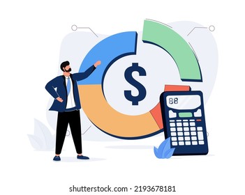 Cost structure, expense and income balance calculation, revenue, debt and investment analysis, money management, budget or saving concept, businessman with calculator with pie chart of cost structure.