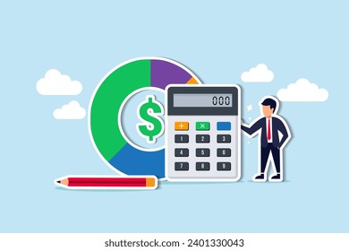 Cost structure, expense and income balance calculation, revenue, debt and investment analysis, money management, budget or saving concept, businessman with calculator with pie chart of cost structure.