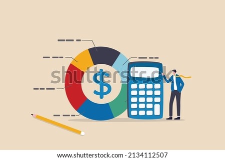 Cost structure, expense and income balance calculation, revenue, debt and investment analysis, money management, budget or saving concept, businessman with calculator with pie chart of cost structure.