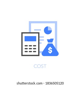 Cost symbol with a calculator, a project analysis and a bag of money. Easy to use for your website or presentation.