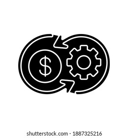 Cost Synergy Black Glyph Icon. Business Financial Operation. Enterprise Profit. Work Value. Plan Marketing Strategy. Company Revenue. Silhouette Symbol On White Space. Vector Isolated Illustration