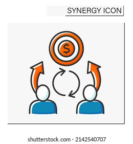Cost synergy color icon. Dollar coins. Coworking between workers on similar goals. Synergy concept. Isolated vector illustration