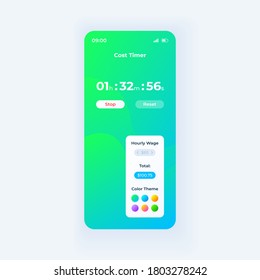 Cost timer app smartphone interface vector template. Mobile app page day mode design layout. Wages counter function on screen. Flat UI for application. Time tracking software phone display