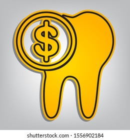 The cost of tooth treatment sign. Flat orange icon with overlapping linear black icon with gray shadow at whitish background. Illustration.