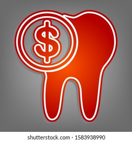 The cost of tooth treatment sign. Flat red icon with linear white icon with gray shadow at grayish background. Illustration.