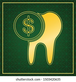 The cost of tooth treatment sign. Golden icon with gold contour at dark green gridded background. Illustration.