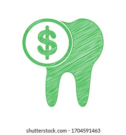 The cost of tooth treatment sign. Green scribble Icon with solid contour on white background. Illustration.