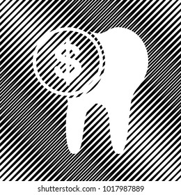 The cost of tooth treatment sign. Vector. Icon. Hole in moire background.