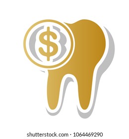 The cost of tooth treatment sign. Vector. Golden gradient icon with white contour and rotated gray shadow at white background.
