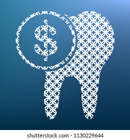 The cost of tooth treatment sign. Vector. White textured icon at lapis lazuli gradient background.