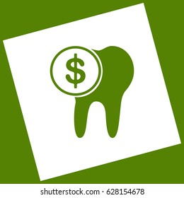The cost of tooth treatment sign. Vector. White icon obtained as a result of subtraction rotated square and path. Avocado background.