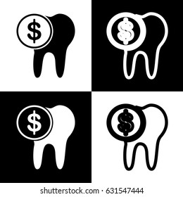The cost of tooth treatment sign. Vector. Black and white icons and line icon on chess board.