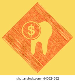 The cost of tooth treatment sign. Vector. Red scribble icon obtained as a result of subtraction rhomb and path. Royal yellow background.