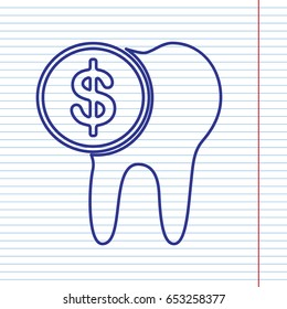 The cost of tooth treatment sign. Vector. Navy line icon on notebook paper as background with red line for field.
