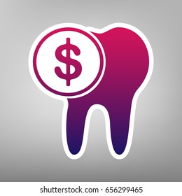 The cost of tooth treatment sign. Vector. Purple gradient icon on white paper at gray background.