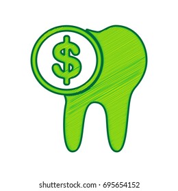 The cost of tooth treatment sign. Vector. Lemon scribble icon on white background. Isolated