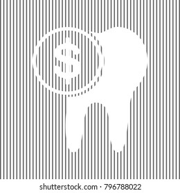 The cost of tooth treatment sign. Vector. White icon on grayish striped background. Optical illusion.