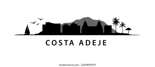 Costa Adeje Skyline Tenerife Island Santa Cruz. City Landscape Canary Islands. Coastline vector graphic.