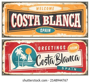 Costa Blanca famous summer destination in Spain Europe.  Travel and vacation retro greeting card or souvenir template from Costa Blanca. Vector illustration.