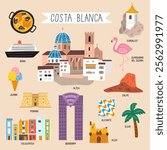 Costa Blanca, Spain travel landmarks vector set.