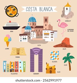 Costa Blanca, Spain travel landmarks vector set.