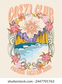 Camiseta gráfica de mujer de Sentimiento vacacional Costa Club Paradise para flores tropicales, vibraciones de playa de verano, gráfico retro vintage para puesta de sol en la playa, arte dibujado a mano para niñas, camiseta de Vector colorida de moda 