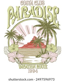 Camiseta gráfica de las mujeres de la ruta de las vacaciones del paraíso de Costa Club para las vibraciones tropicales de la playa del verano de la palma de las flores, gráfico para la puesta del sol en la playa, arte dibujado a mano para el Vector colorido de la moda de las muchachas