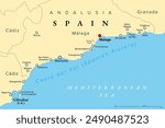 Costa del Sol, Spanish Riviera in Andalusia, political map. World-renowned tourist destination and region south of Spain, the coastline from Gibraltar to Nerja with largest cities Malaga and Marbella.