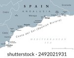 Costa del Sol, Spanish Riviera in Andalusia, gray political map. World-renowned tourist destination, a region south of Spain, coastline from Gibraltar to Nerja with largest cities Malaga and Marbella.