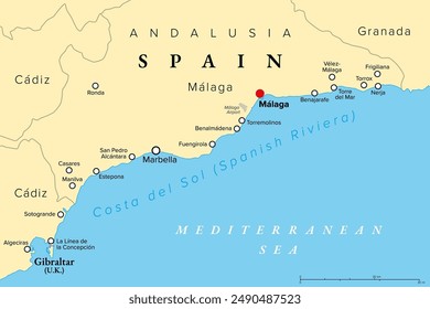 Costa del Sol, Spanish Riviera in Andalusia, political map. World-renowned tourist destination and region south of Spain, the coastline from Gibraltar to Nerja with largest cities Malaga and Marbella.