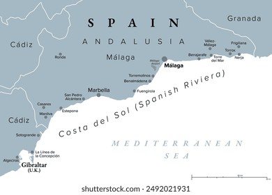 Costa del Sol, Spanish Riviera in Andalusia, gray political map. World-renowned tourist destination, a region south of Spain, coastline from Gibraltar to Nerja with largest cities Malaga and Marbella.