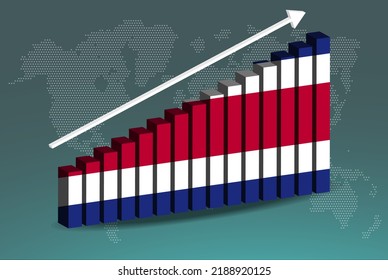 Costa Rica 3D bar chart graph vector, upward rising arrow on data, country statistics concept, Costa Rica country flag on 3D bar graph, increasing values, news banner idea