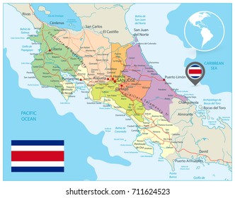 Mapa administrativo de Costa Rica. Mapa administrativo de vectores detallado de Costa Rica con las principales ciudades, carreteras y objetos acuáticos.