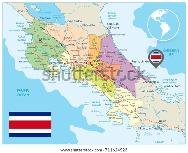 Costa Rica Administrative Map Detailed Vector Arkivvektor Royaltyfri 711624523 Shutterstock 5396
