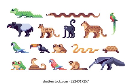 Costa Rica Animals  pixel art set. Exotic species collection. Tropical wildlife. 8 bit. Game development, mobile app.  Isolated vector illustration.