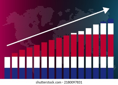 Costa Rica bar chart graph, increasing values, country statistics concept, Costa Rica country flag on bar graph, upward rising arrow on data, news banner idea