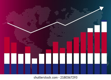 Costa Rica bar chart graph with ups and downs, increasing values, Costa Rica country flag on bar graph, upward rising arrow on data, news banner idea, developing country concept