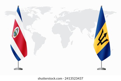 Costa Rica and Barbados flags for official meeting against background of world map.