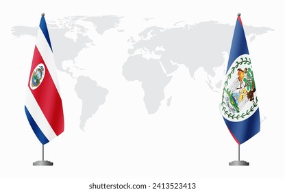 Costa Rica and Belize flags for official meeting against background of world map.