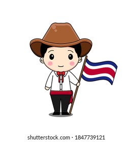Costa Rica boy in national dress with flag. Vector illustration of chibi character isolated on white background.