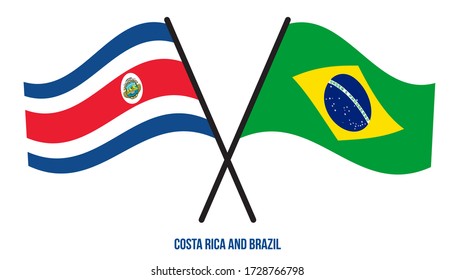 Costa Rica and Brazil Flags Crossed And Waving Flat Style. Official Proportion. Correct Colors.