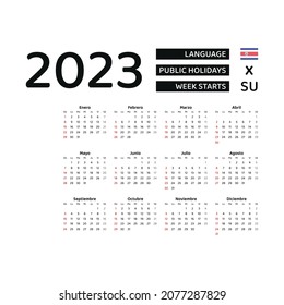 Costa Rica calendar 2023. Week starts from Sunday. Vector graphic design. Spanish language.