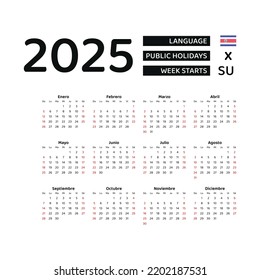 Costa Rica Calendar 2025. Week starts from Sunday. Vector graphic design. Spanish language.