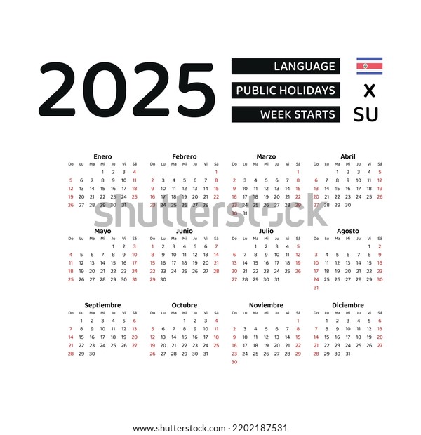 Costa Rica Calendar 2025 Week Starts Stock Vector (Royalty Free