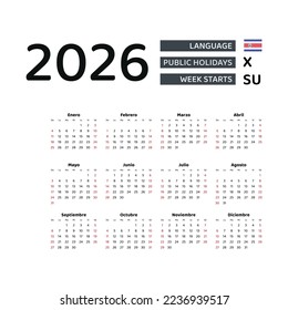 Costa Rica Calendar 2026. Week starts from Sunday. Vector graphic design. Spanish language.