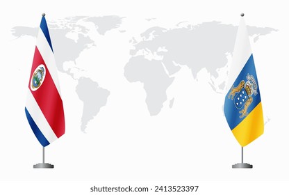 Costa Rica and Canary Islands flags for official meeting against background of world map.