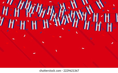 Costa Rica celebration bunting flags with confetti and ribbons on red background. vector illustration.