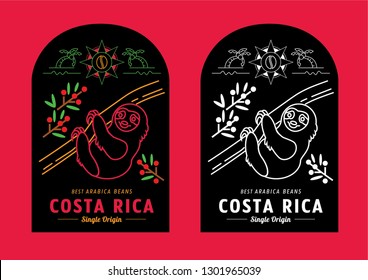 Costa Rica coffee beans label design with sloth climbing tree vector illustration