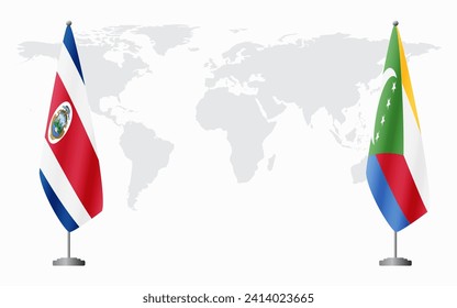 Costa Rica and Comoros flags for official meeting against background of world map.